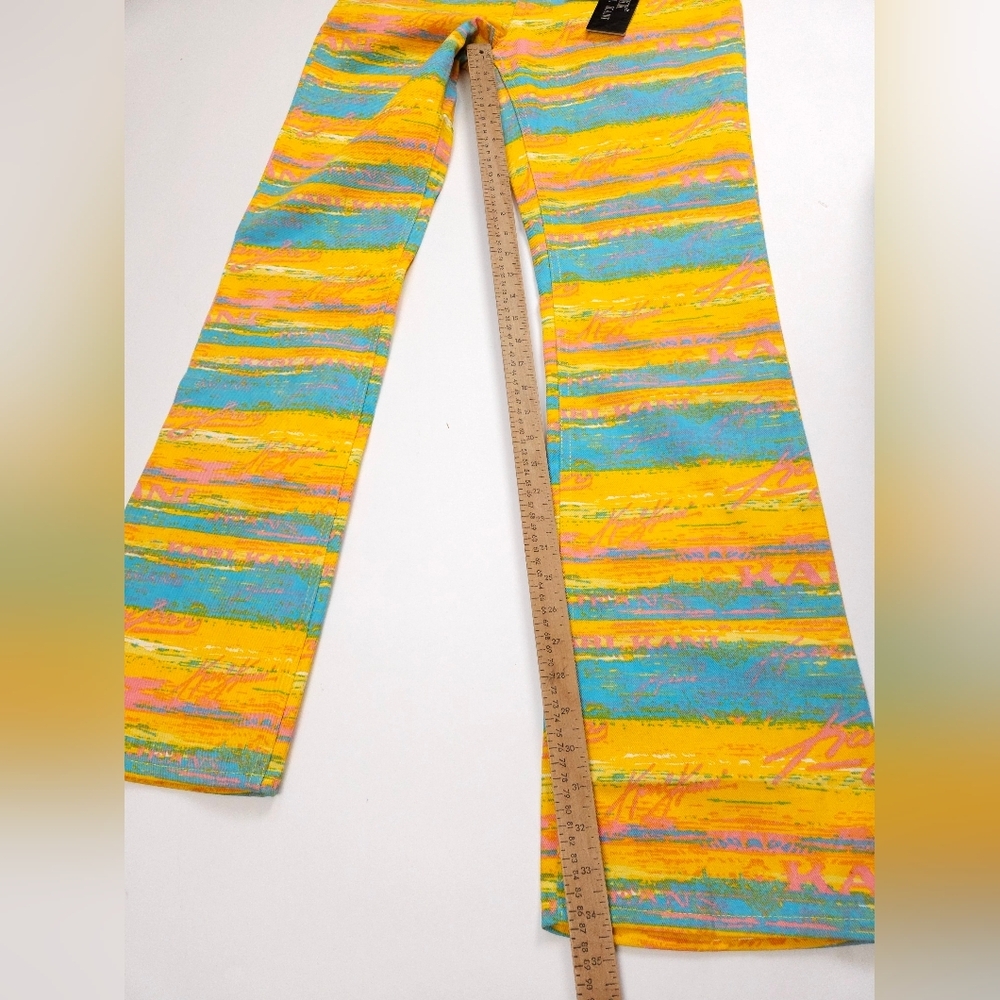 Karl Kani Vintage 90s NWT Turquoise Yellow Flare Denim Jeans 28 Small - Picture 8 of 16